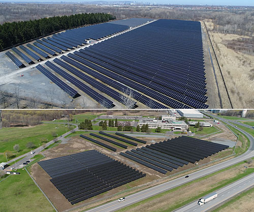 Haute : La centrale solaire Gabrielle-Bodis, à La Prairie. Bas : La centrale solaire Robert-A-Boyd, à Varennes. Photos : Hydro-Québec