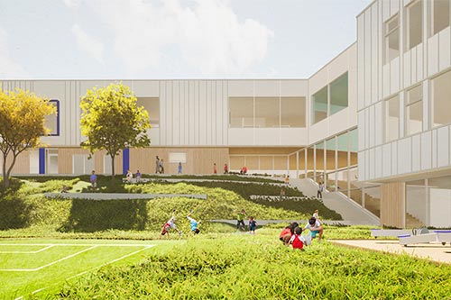La nouvelle école primaire de Rivière-du-Loup sera dotée de vaste espaces verts extérieurs.  Crédit : Consortium Onico + ABCP