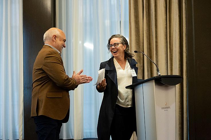 Serge Cormier, vice-président, ESG, création de valeur et immobilier durable du Fonds immobilier de solidarité FTQ, et Geneviève Gauthier, directrice nationale, Innovation stratégique chez Econoler et coinstigatrice du DÉI. Photo : BOMA Québec