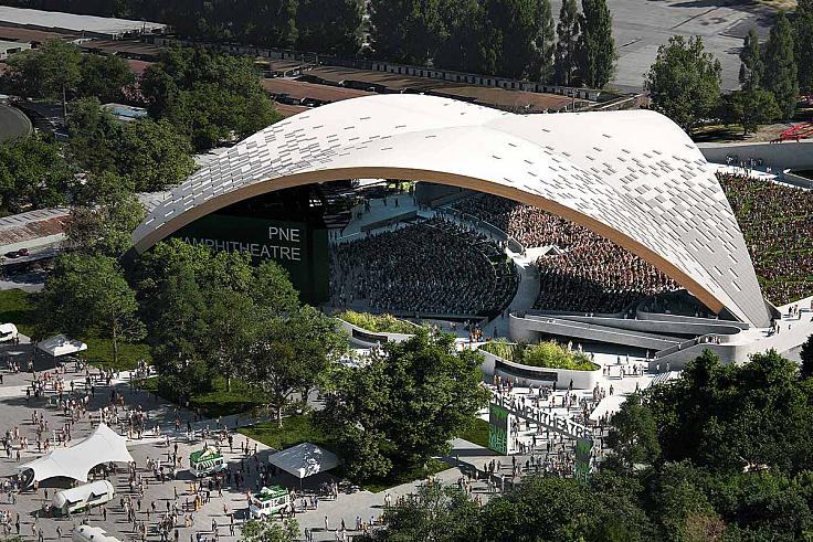 L'amphithéâtre PNE de Vancouver accueillera les spectatateurs sous son arche de bois à compter de 2026. Crédit : Mir et Revery Architecture