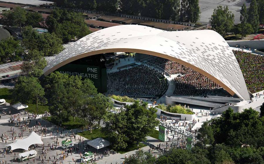 L'amphithéâtre PNE de Vancouver accueillera les spectatateurs sous son arche de bois à compter de 2026. Crédit : Mir et Revery Architecture