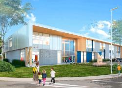 Mettant en valeur le bois et l'aluminium, l’école primaire Marguerite-Bourgeois de Trois-Rivières offrira un milieu d'apprentissage flexible  et collaboratif.  Crédit : BLH Architectes