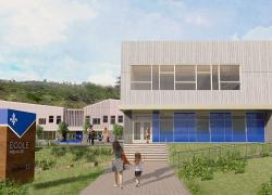 Conçue dans une perspective de développement durable, la nouvelle école primaire de Saint-Sauveur sera carboneutre en termes de consommation d’énergie. Image : consortium Atelier IDEA et BGLA 