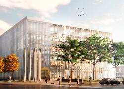 Actuellement en construction, le nouveau palais de justice de Saint-Hyacinthe sera moderne et durable. Crédit : SQI 