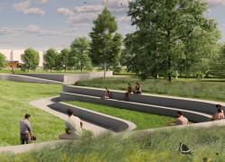 Ce projet combinera des espaces verts, de loisirs et de socialisation existants à des aménagements qui permettront la rétention des eaux. Crédit : Arrondissement de Mercier-Hochelaga-Maisonneuve 