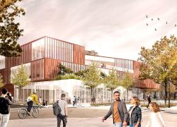 Le nouvel édifice durable de la Place des Pionniers devrait être complété en 2025. Image : in situ + DMA, en collaboration avec Civiliti et Exp.