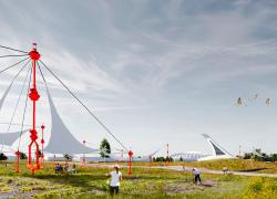 La proposition "Les  toits", par STGM Architecture, fait partie des lauréats du concours de réemploi des matériaux de la toiture du Stade olympique. Crédit : STGM